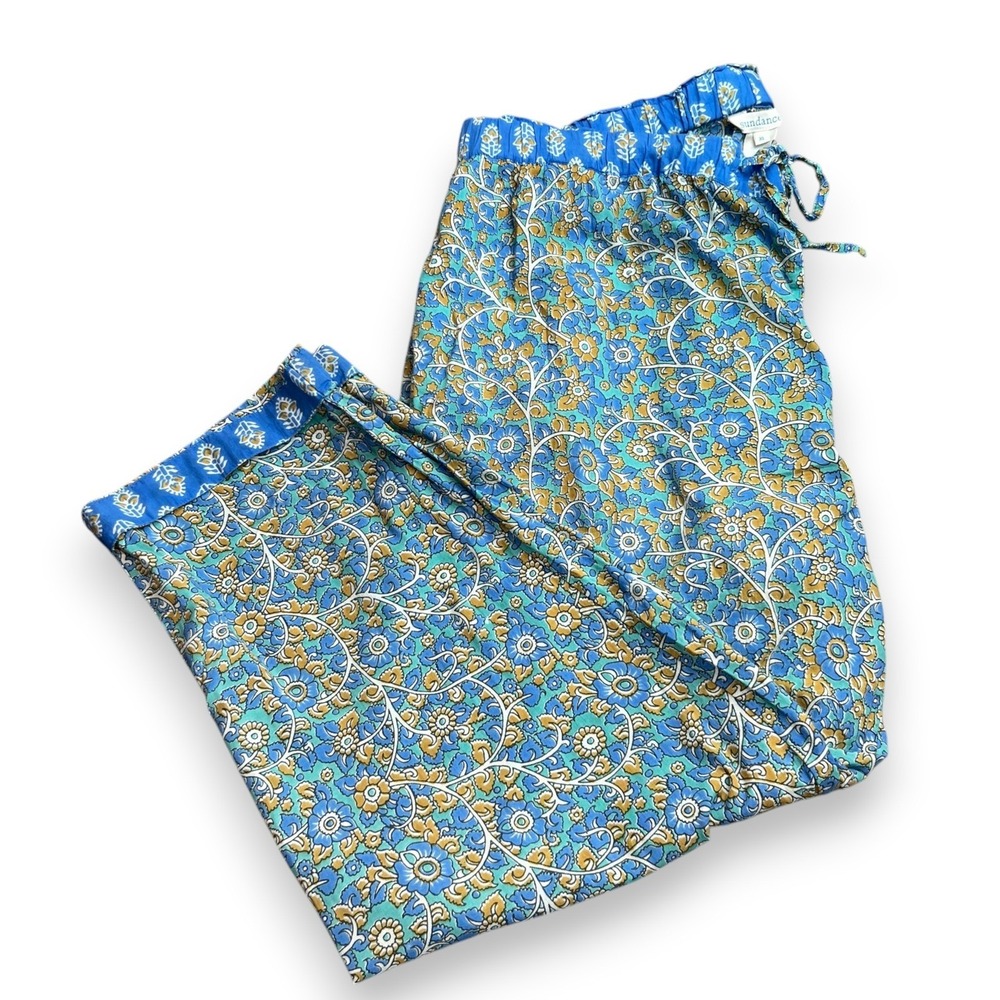 Sundance Leia Pants XL Blue Floral Block Print Cotton Drawstring Boho Cropped